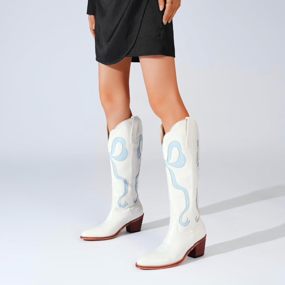 Altar'd State White Knee-High Western Boots with Light Blue Bow Embroidery